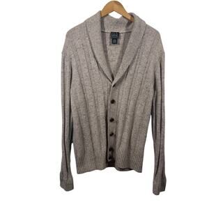 Jos A, Bank Sweater Men L Tan Speckled Wool Blend Elbow Patch Button Up Cardigan